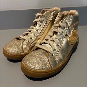 Old Soles Gold Leather Glitter High Top ZipUp Boots Fuzzy Heart Girls EU 34/US 2